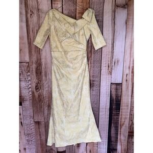 Teri Jon Rickie Freeman Dress Jacquard Maxi Bow Gold Cream Formal Event Size 14
